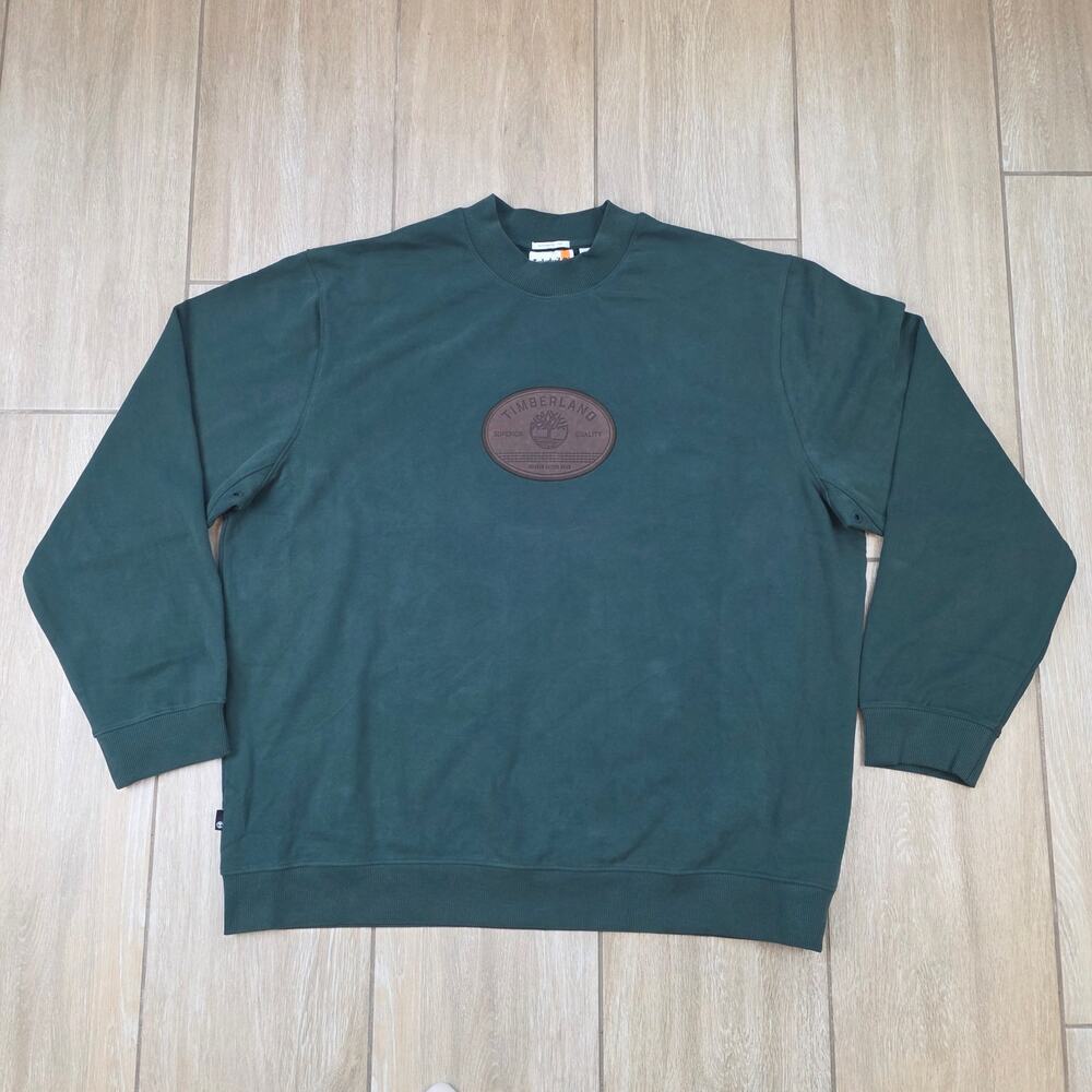 Timberland Leather Badge Sweatshirt Mens XXL Green Crewneck Pullover NWT Cotton